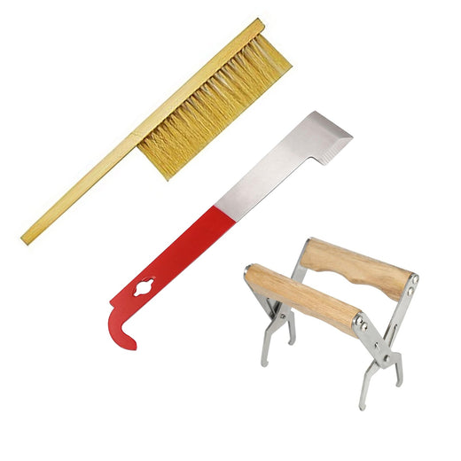 3pcs Bee Hive Tools for Beekeepers, Stainless Steel J Hook Frame Lifter & Scraper, Bee Hive Frame Grip Holder Lifter, Beekeeping Brush with Wooden Handle - Ozee beekeeping Supplies