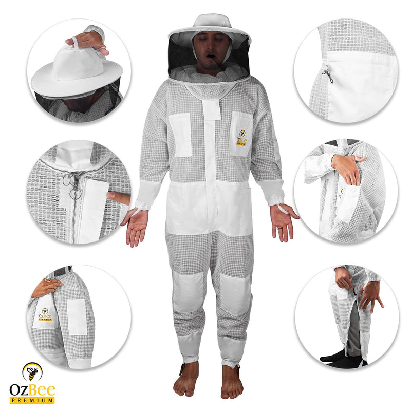 Beekeeping Starter Kit For Beekeepers With OZ Bee Premium 3 Layer Mesh Ventilated Round Head Suit Protective Gear