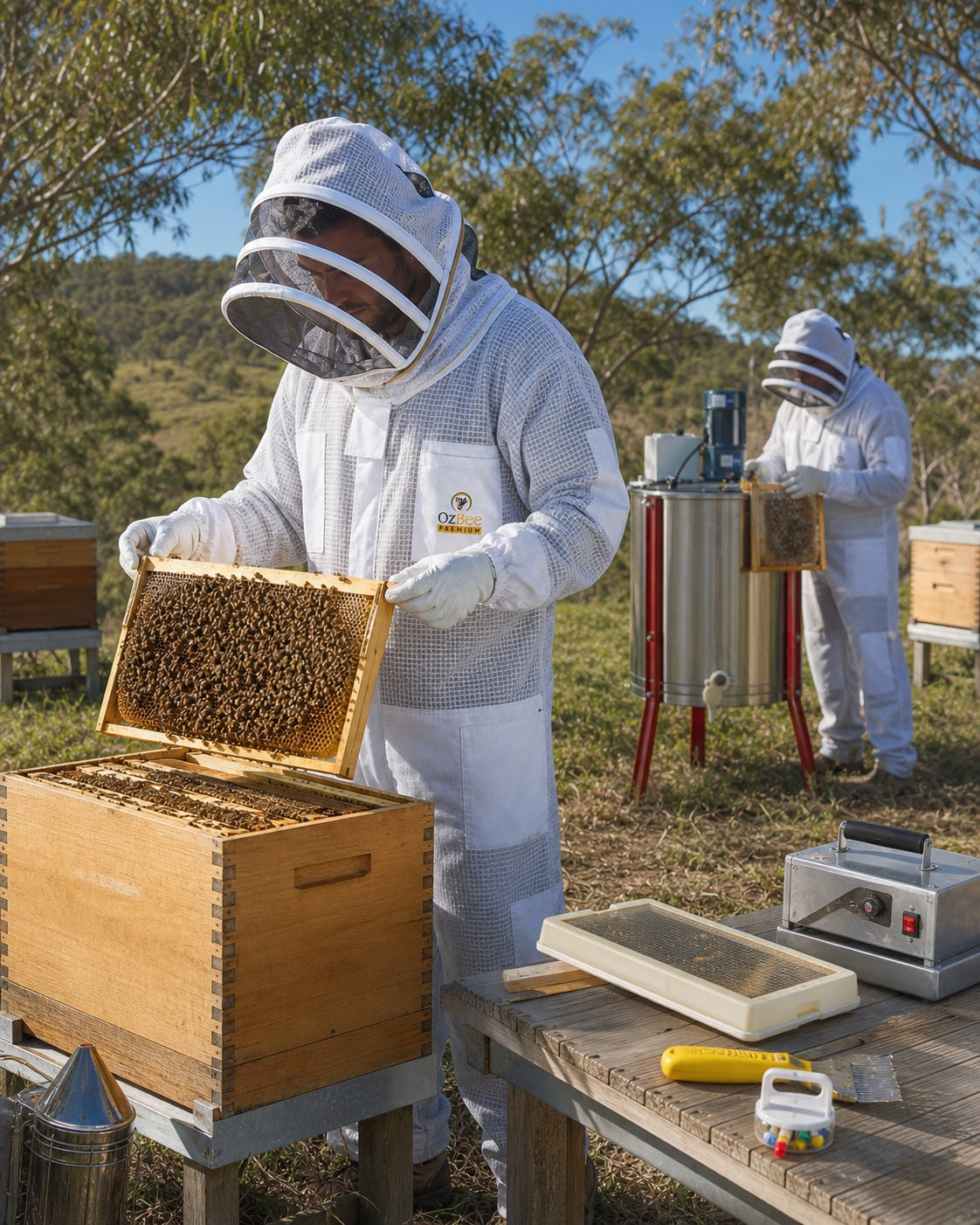 OZBEE premium ventilated bee suit in an Australian apiary with honey harvesting equipment